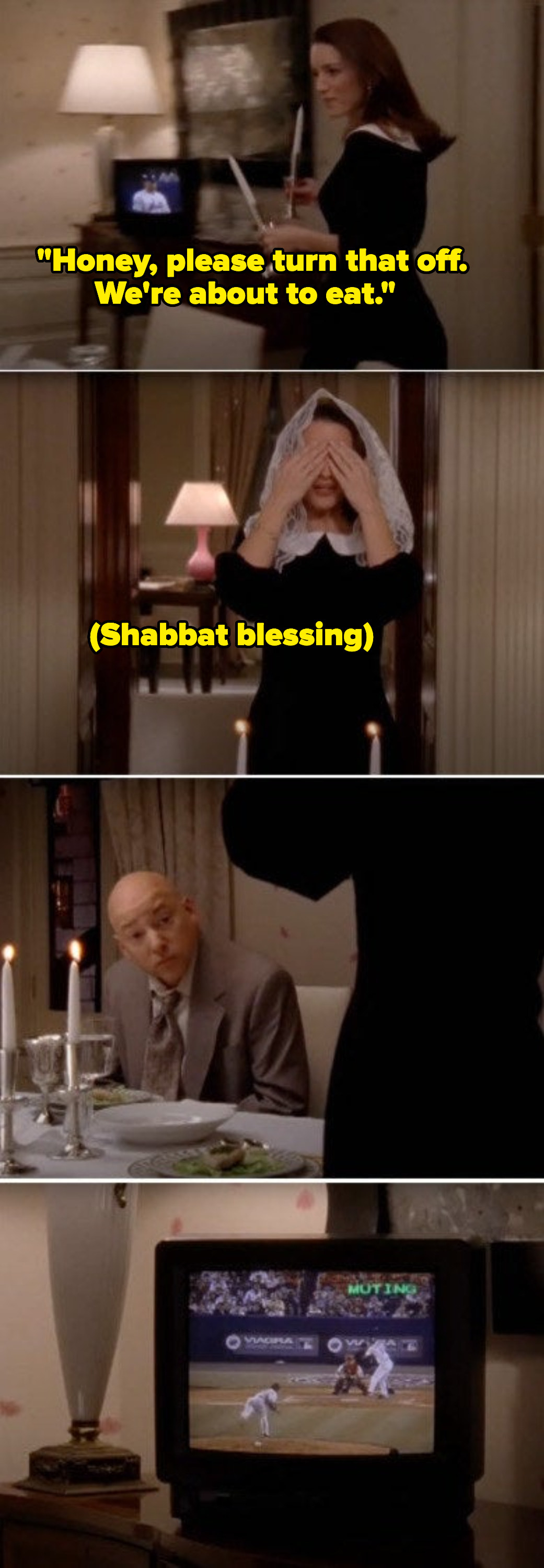 Charlotte saying the Shabbat blessing while Harry ignores her and stares at the TV