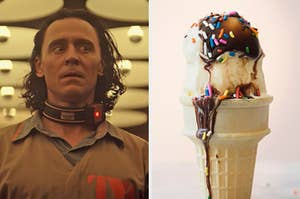 On the left, Loki wearing a tracking device around his neck, and on the right, a vanilla ice cream cone topped with chocolate sauce and sprinkles