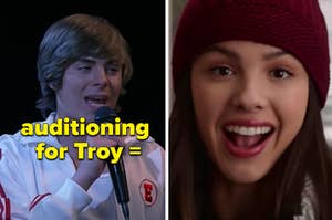 Troy is on the left labeled, "auditioning for Troy" with Nini smiling wide on the right