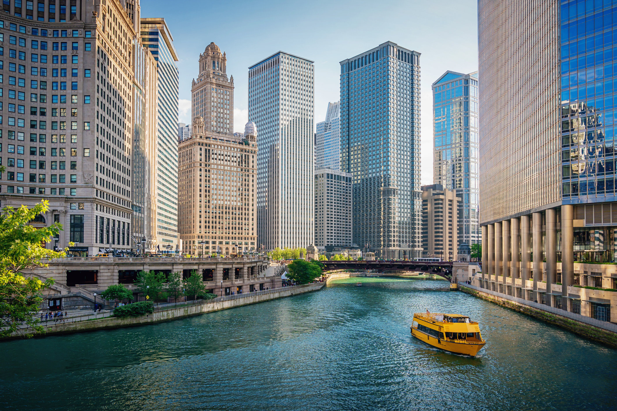 A boat going through the river in Chicago.