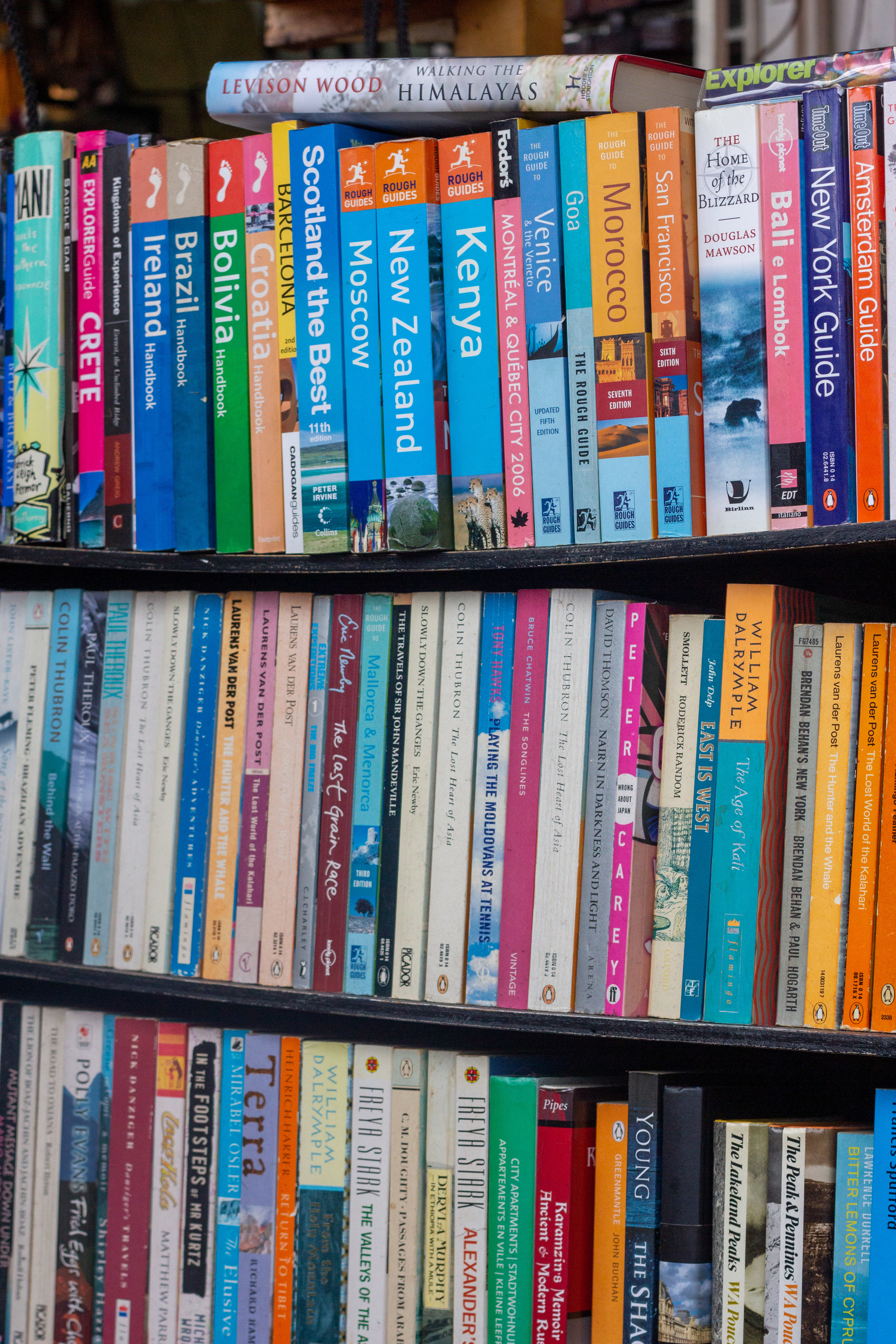 Travel books and guides arranged in a library