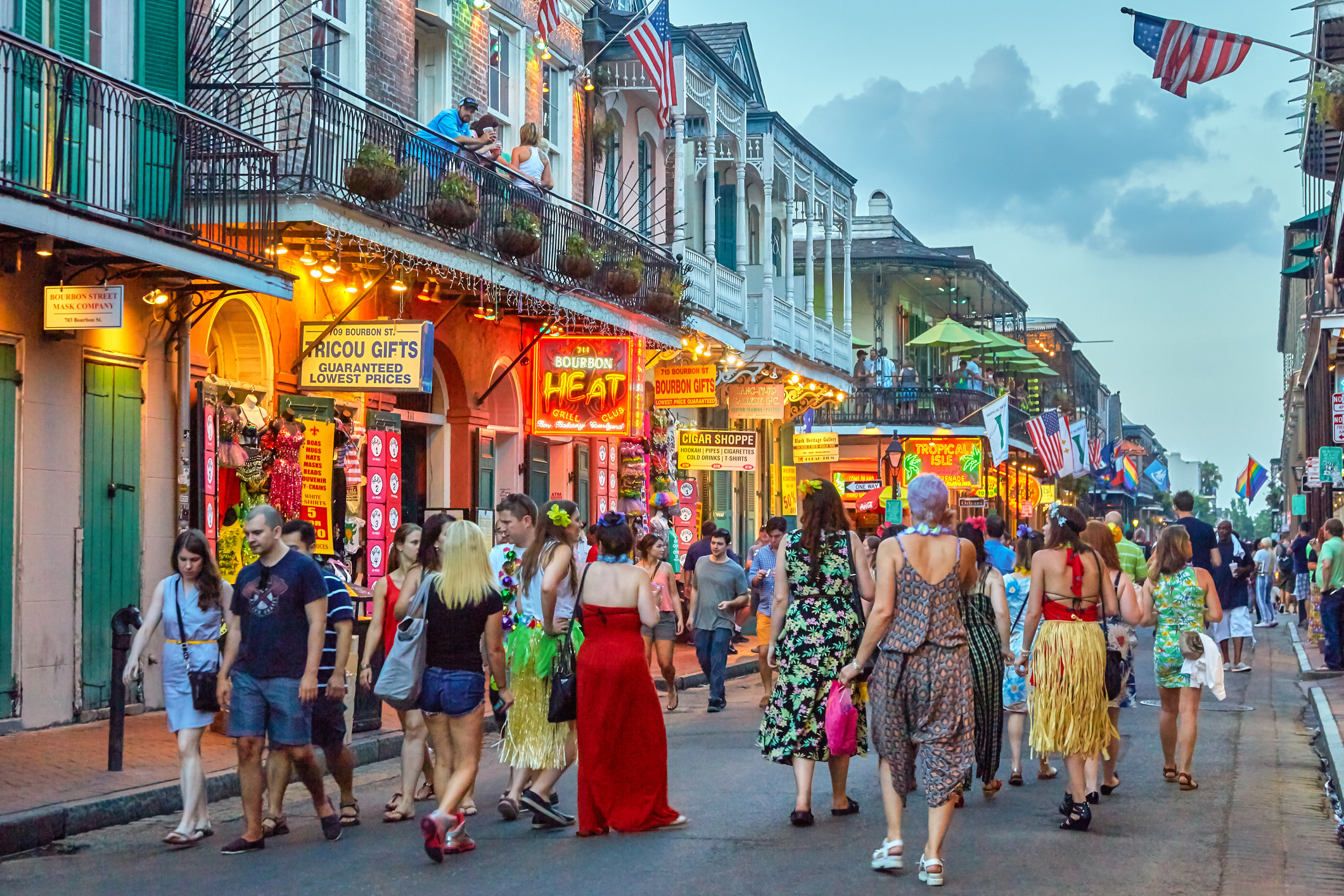 Busy Bourbon Street in New Orleans.