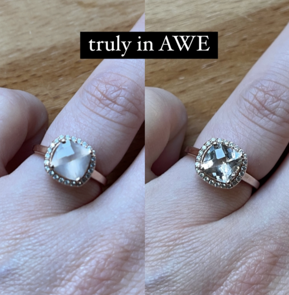 a before and after photo of buzzfeed editor stephanie hope&#x27;s engagement ring looking shiny and clean after using the diamond dazzle pen