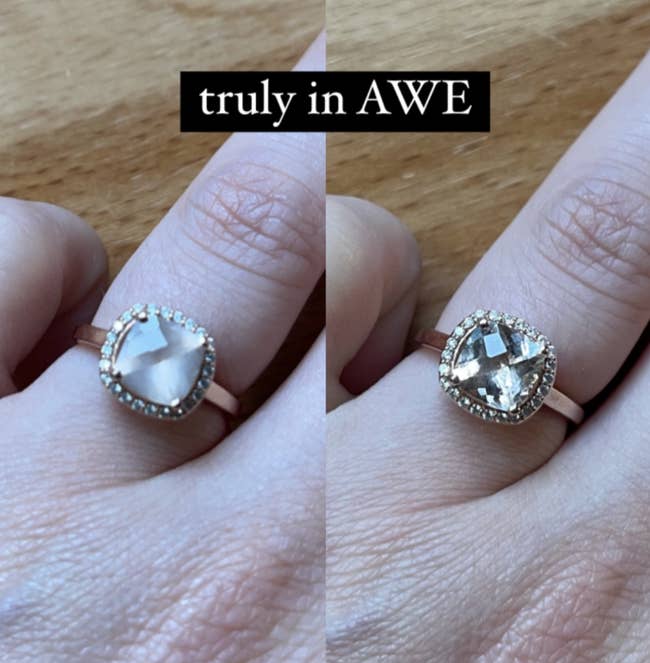a before and after photo of buzzfeed editor stephanie hope's engagement ring looking shiny and clean after using the diamond dazzle pen