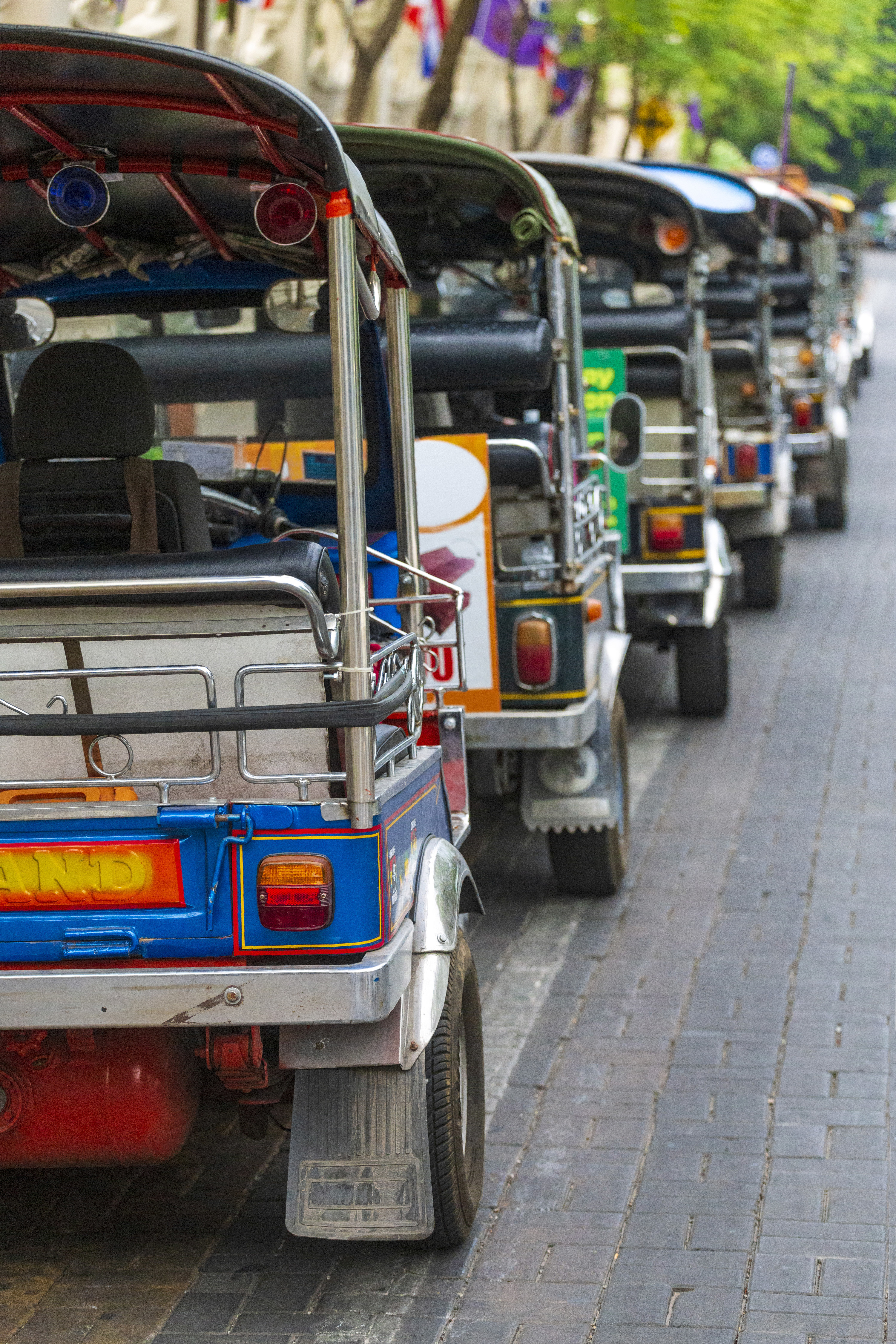 TukTuks lined up on the sidewalks