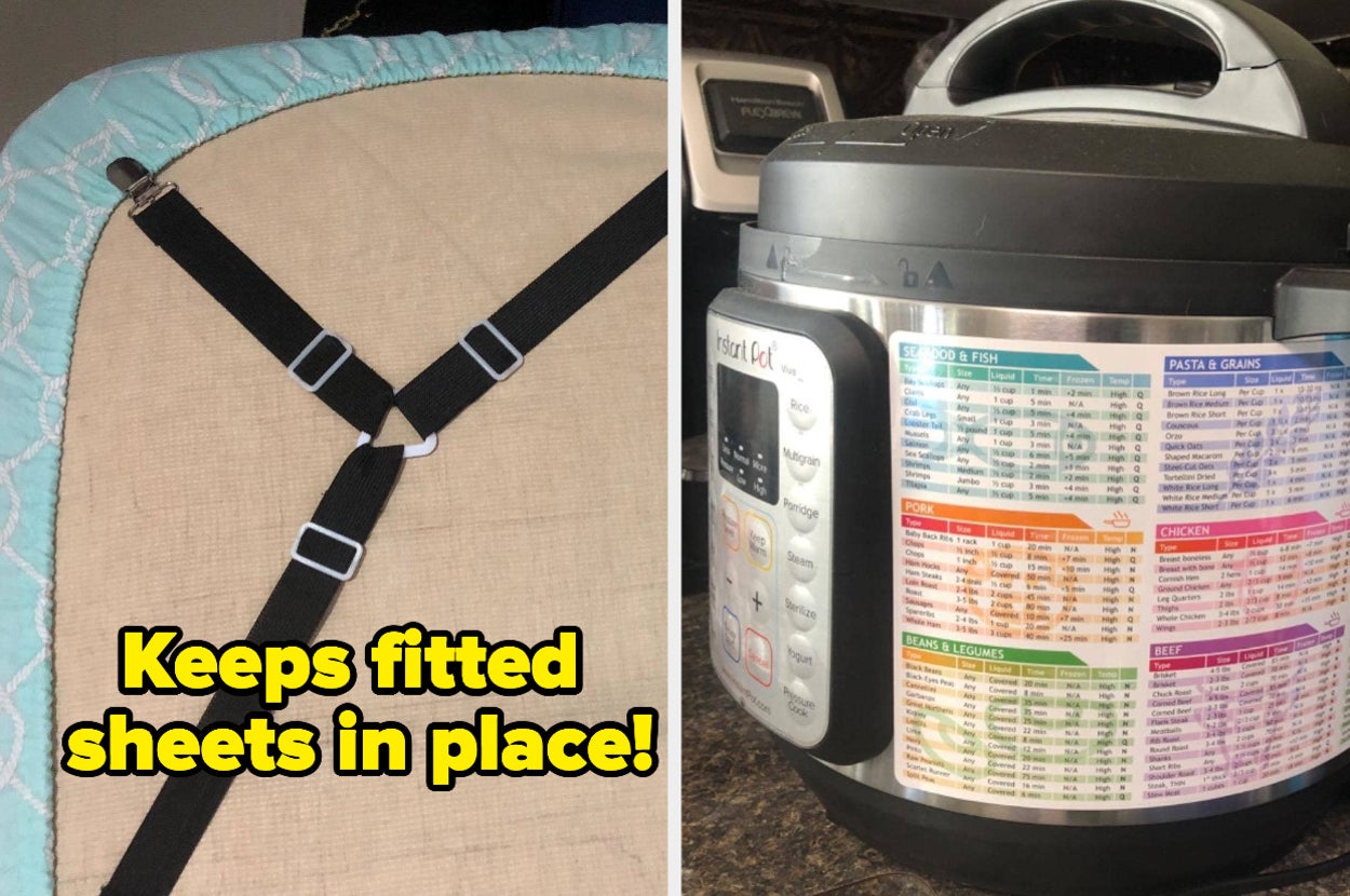 L: a reviewer photo of black clips on the underside of a mattress and text reading "keeps fitted sheets in place!", R: a reviewer photo of a cook time magnetic chart on the side of an Instant Pot 