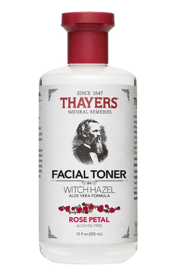 A bottle of witch hazel, rose petal facial toner