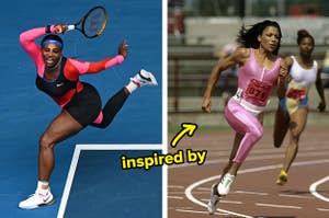 Left: Serena Williams wearing a catsuit while playing at the Australian Open; Right: Flo-Jo wearing a bright pink tracksuit while competing