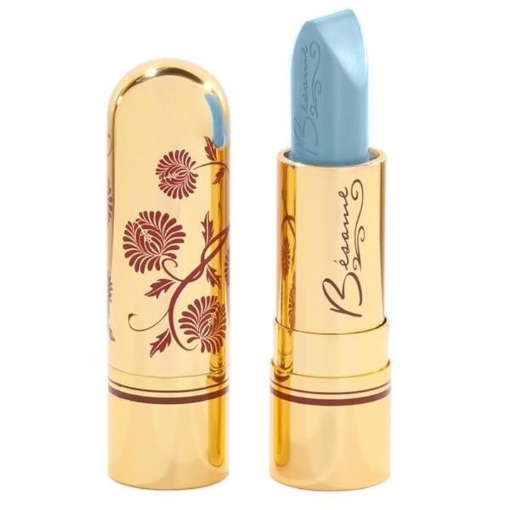 the lipstick in gold casing and the blue bar