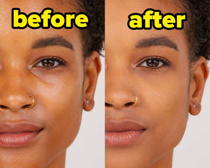 A person's face before and after using the powder
