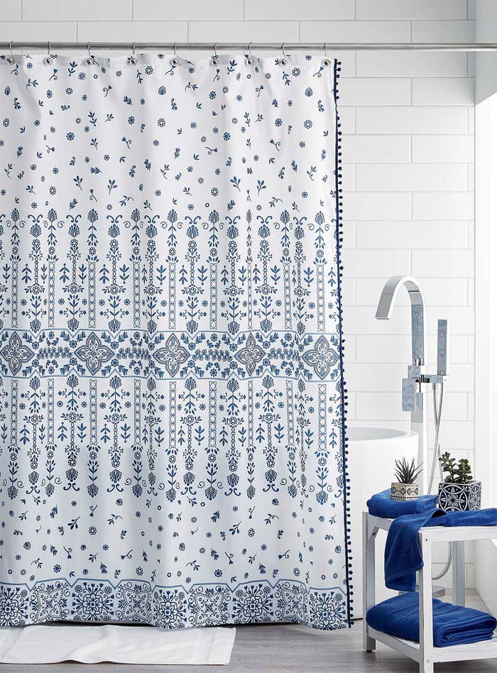 a shower curtain in a bathroom