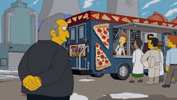 Cartoon man looks at pizza truck