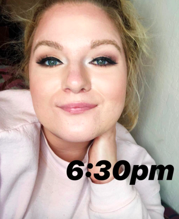 The same customer with a review photo showing their eye makeup at 6:30 p.m.