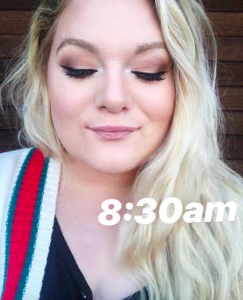 A customer review photo of their eye makeup done at 8:30 a.m.