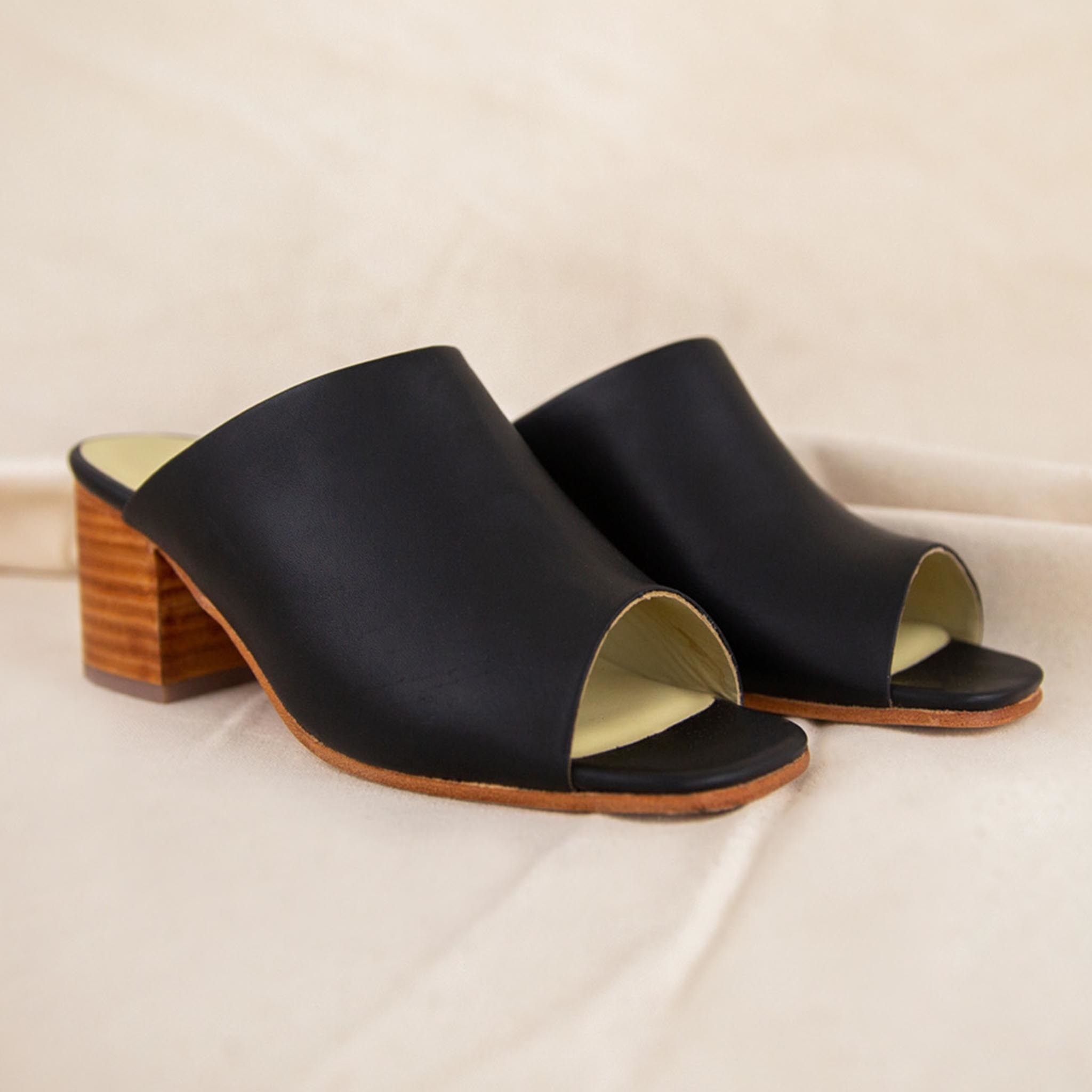 the open toed mules in black with brown heels