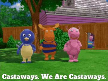 Gif of characters from &quot;The Backyardigans&quot; dancing with the text &quot;Castaways, we are castaways&quot;