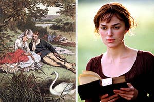 a drawing of a victorian couple sitting by the lake on the left and elizabeth from pride and prejudice reading a book on the right