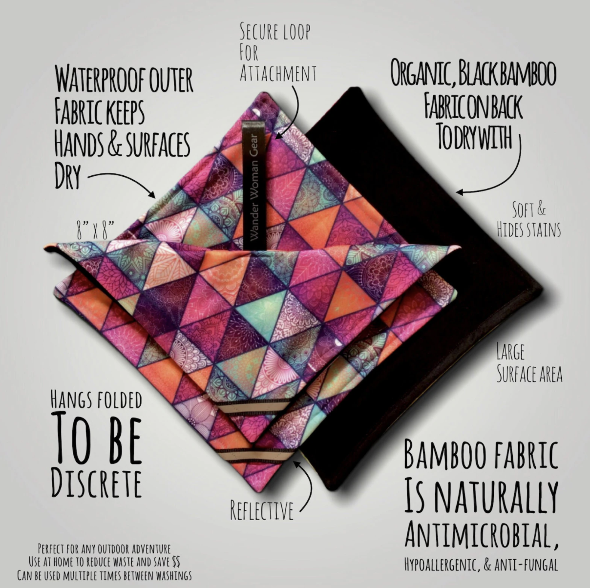 Two square-shaped pee rags with stats showing they're waterproof, made with sustainable bamboo, and black on the inside to hide stains