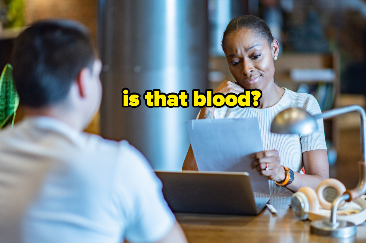 woman looking at a résumé while an applicant waits, with the text &quot;is that blood?&quot; by the woman