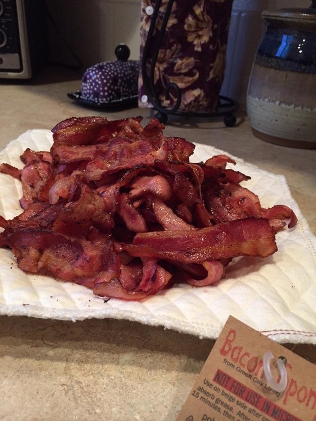 Pile of bacon sitting on the quilted cloth