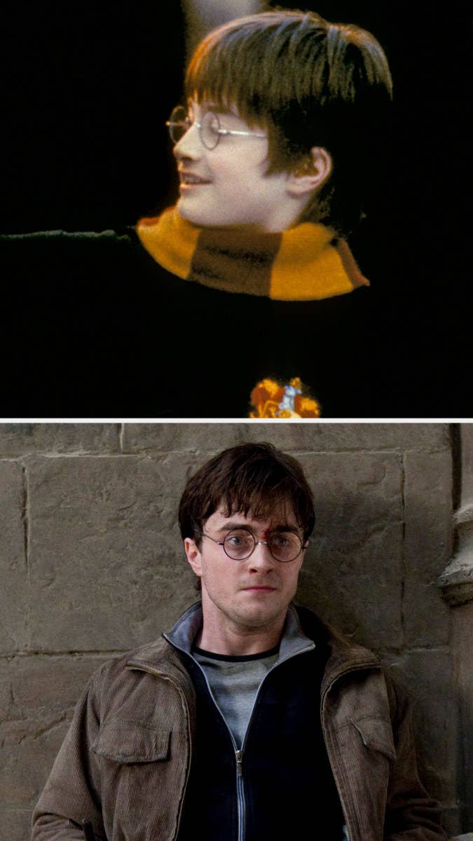 Danielle Radcliffe as Harry Potter wearing round glasses in the first and final films of the franchise
