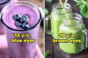 A berry smoothie titled "blue eyes, 12 y/o" and a green smoothie titled "brown eyes, 19 y/o"