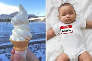 On the left, someone holding up a soft serve vanilla cone, and on the right, a baby sleeping while wearing a onesie with a name tag on it that says hello my name is Archie