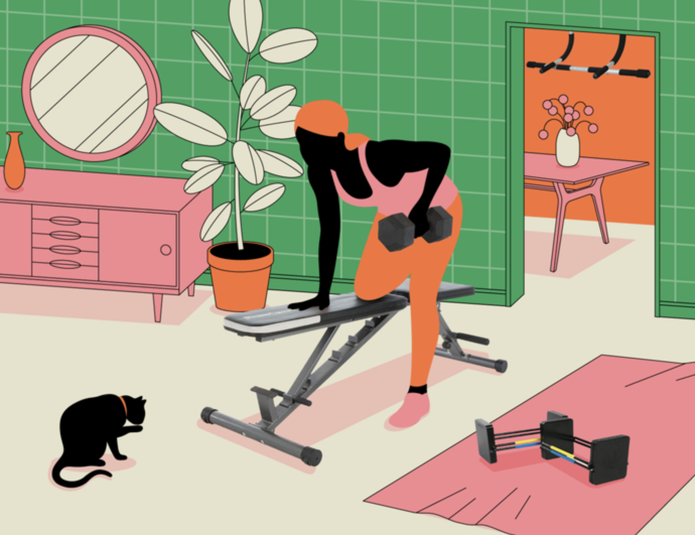 illustration of a person lifting a weight in a home with equipment around them