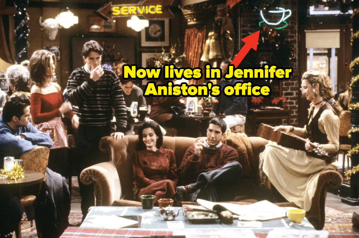 The cast of &quot;Friends&quot; in Central Perk with an arrow pointing out a sign in the background that Jennifer Aniston owns