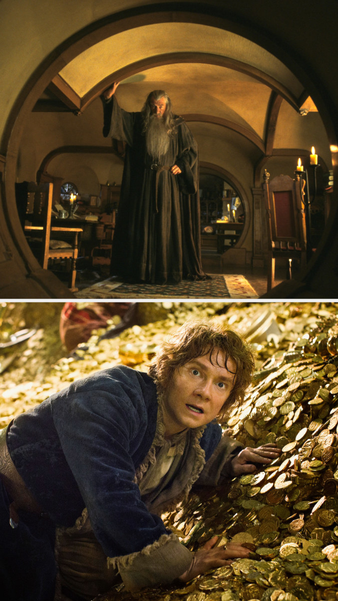 Gandalf in Bilbo&#x27;s house and Bilbo laying on a pile of gold coins