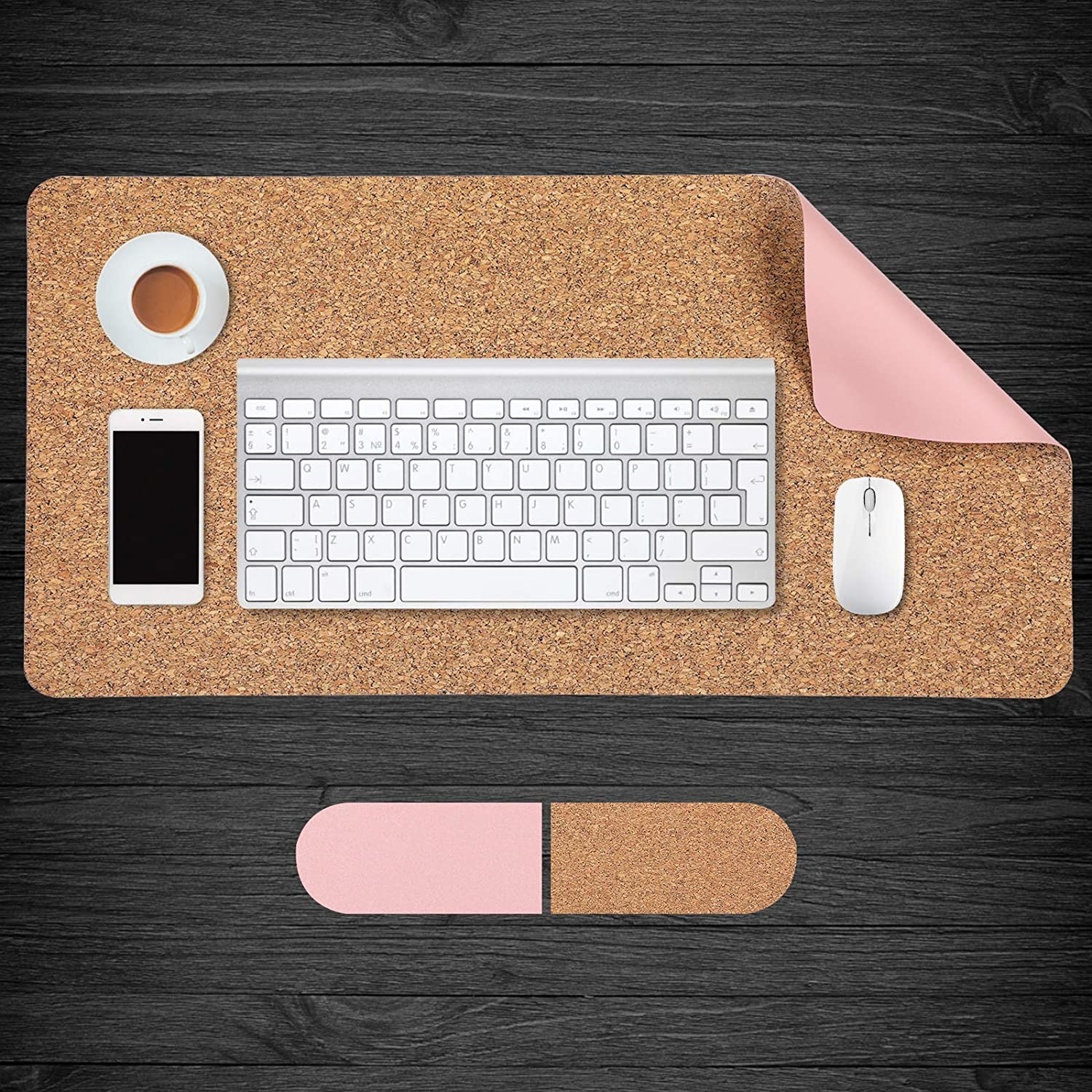 A cork desk mat that&#x27;s curled up to reveal the colourful underside