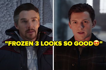 Stephen Strange wears a hooded sweatshirt under a puffy jacket and a close up of Peter Parker mid sentence