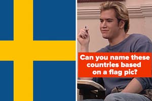 A Sweden flag is on the left with a student labeled, "Can you name these countries based on a flag pic?"