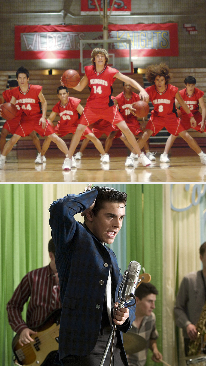 Zac Efron wearing the wildcats jersey in &quot;High School Musical&quot; and dressed as Link in &quot;Hairspray&quot;