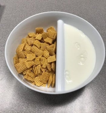 Reviewer's split cereal bowl with milk and cereal separated