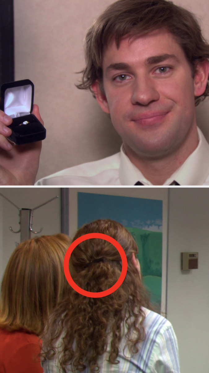 Jim holding Pam&#x27;s engagement ring and a shot of Pam&#x27;s hair clip