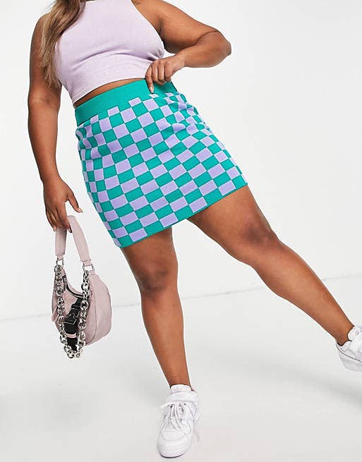 purple and teal checkered skirt