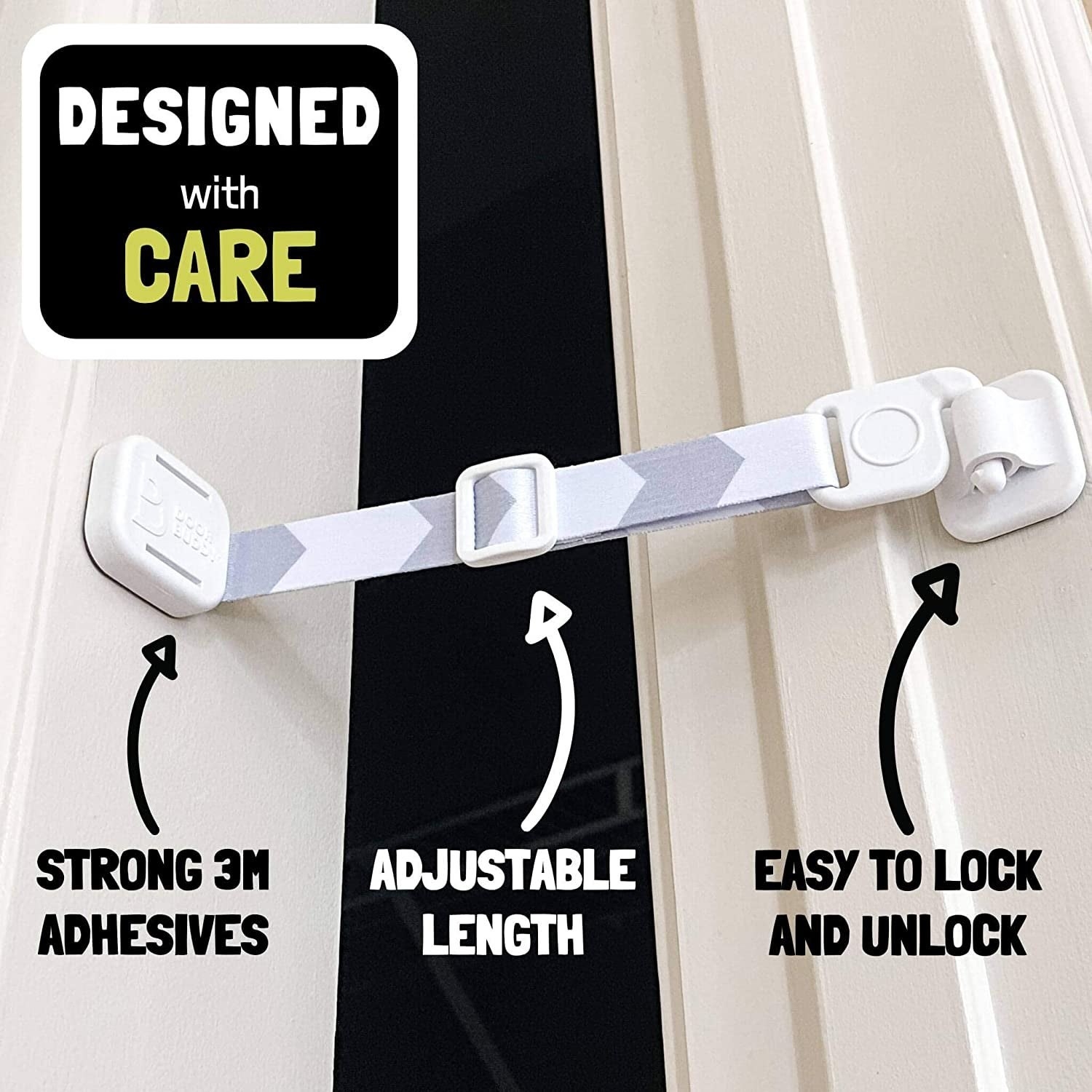 The door latch with text on the image that says &quot;strong 3M adhesives, adjustable length, easy to lock and unlock&quot;