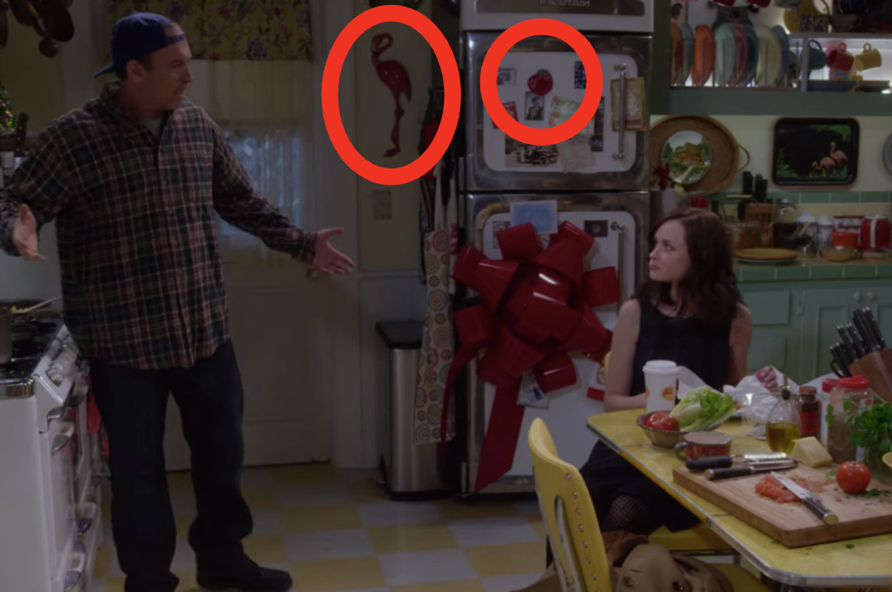 The flamingo and apple magnet circled in Lorelai's kitchen