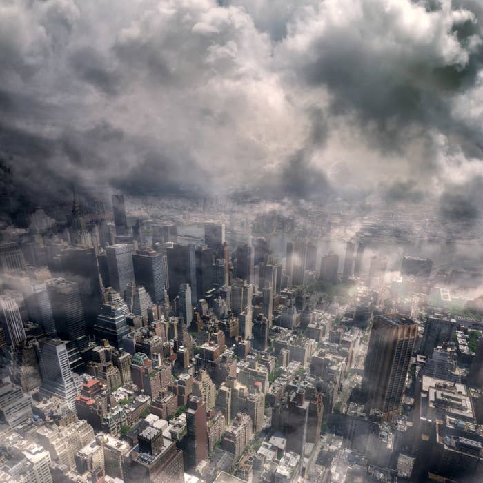 A gray and foggy aerial view of the financial district in New York