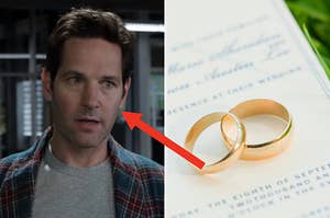 A close up of Scott Lang as he's mid sentence and two rings sit on a wedding invitation