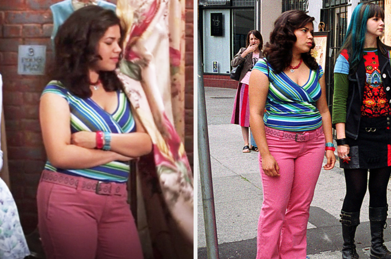 Carmen wearing bright pink jeans with the same color belt and a v-neck striped shirt