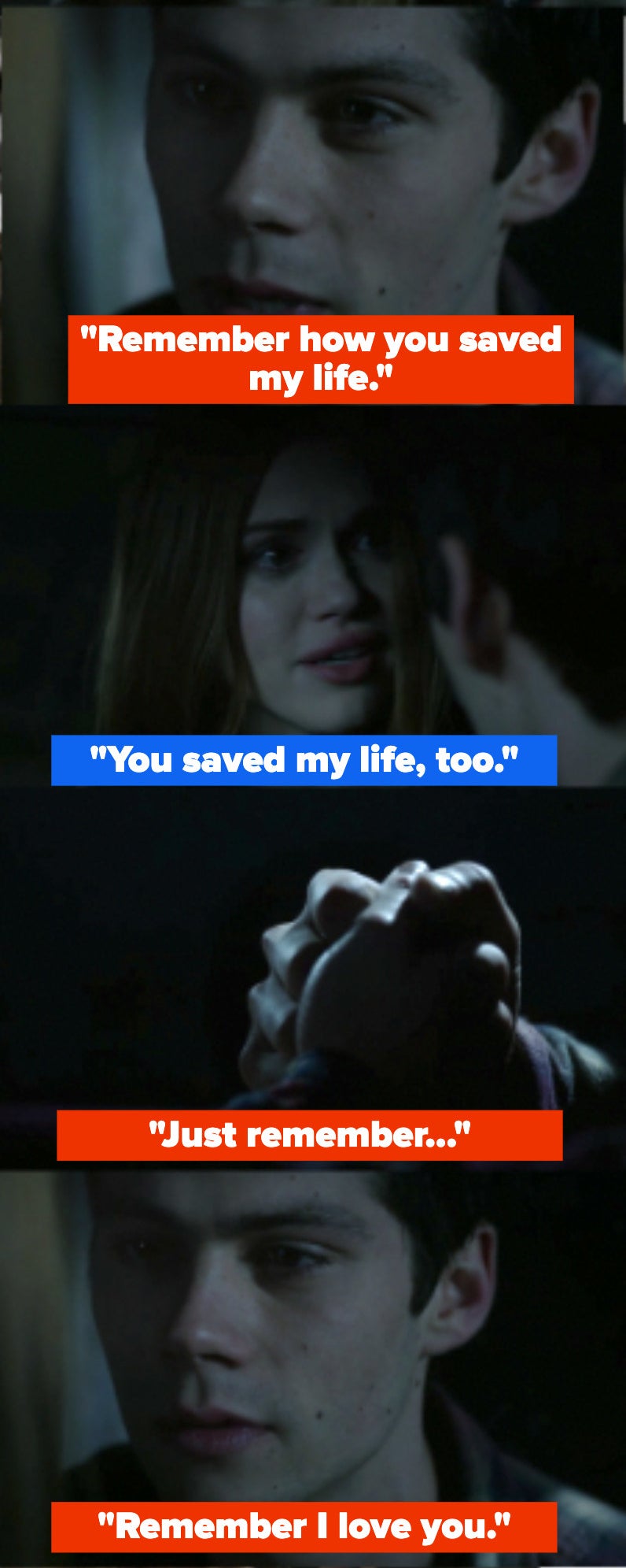 Stiles asks Lydia to find some way to remember him. That they danced together, that he had a crush on her, that she saved his life. She says he saved hers too. Then Stiles says, &quot;Remember I love you&quot;