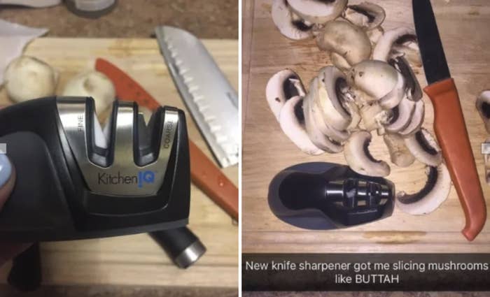 closeup of sharpener and a shot of mushrooms sliced with a knife sharpened with the sharpener with caption saying "new knife sharpener got me slicing mushrooms like buttah"
