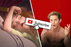 Anna from Frozen still half asleep next to a YouTuber asking you to subscribe 