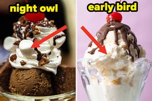 Two ice cream sundaes are labeled, "night owl" and "early bird"