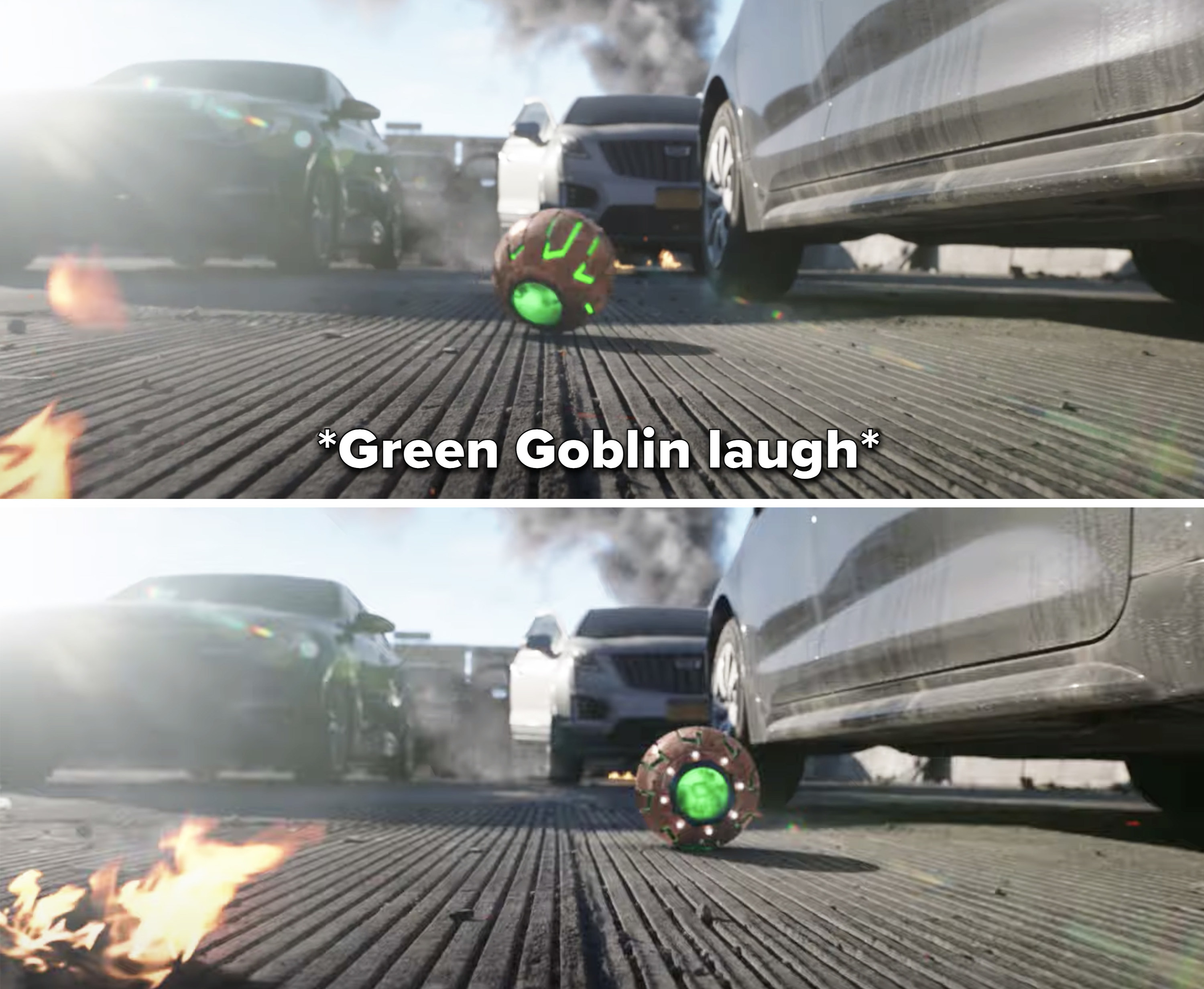 Green Goblin laughing and a green orb rolling into the frame