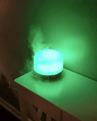 the steam blowing from the diffuser which is plugged in and glowing in a green light