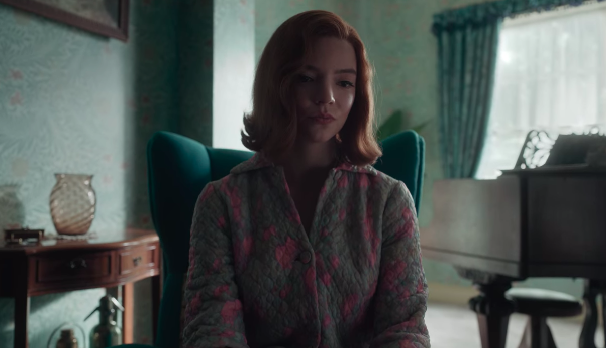 Anya Taylor-Joy wearing a buttoned sweater in &quot;The Queen&#x27;s Gambit&quot;