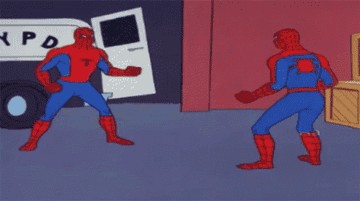 spider-man pointing at a mirror image of spider-man